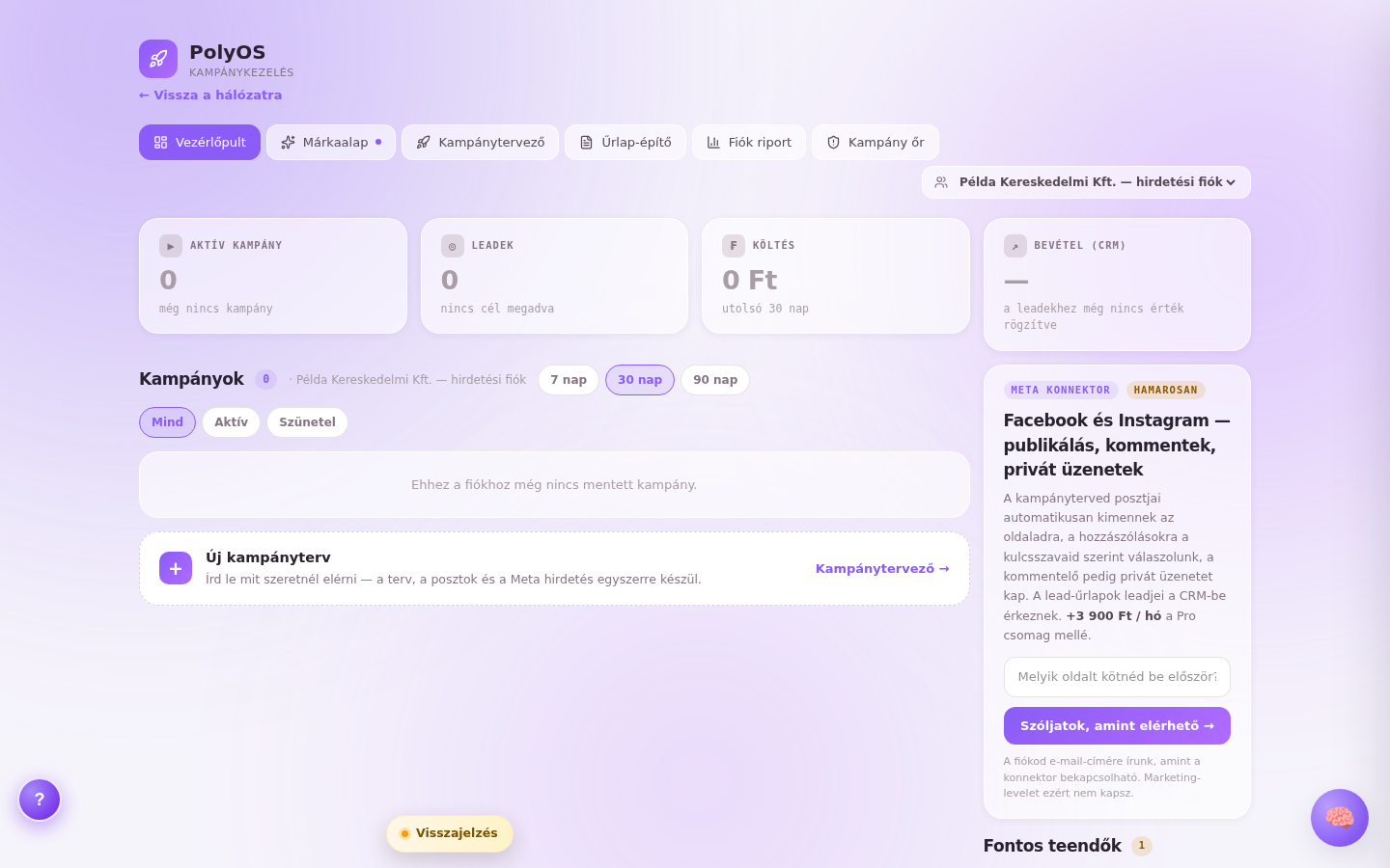A Kampánykezelés modul minta-adatokkal