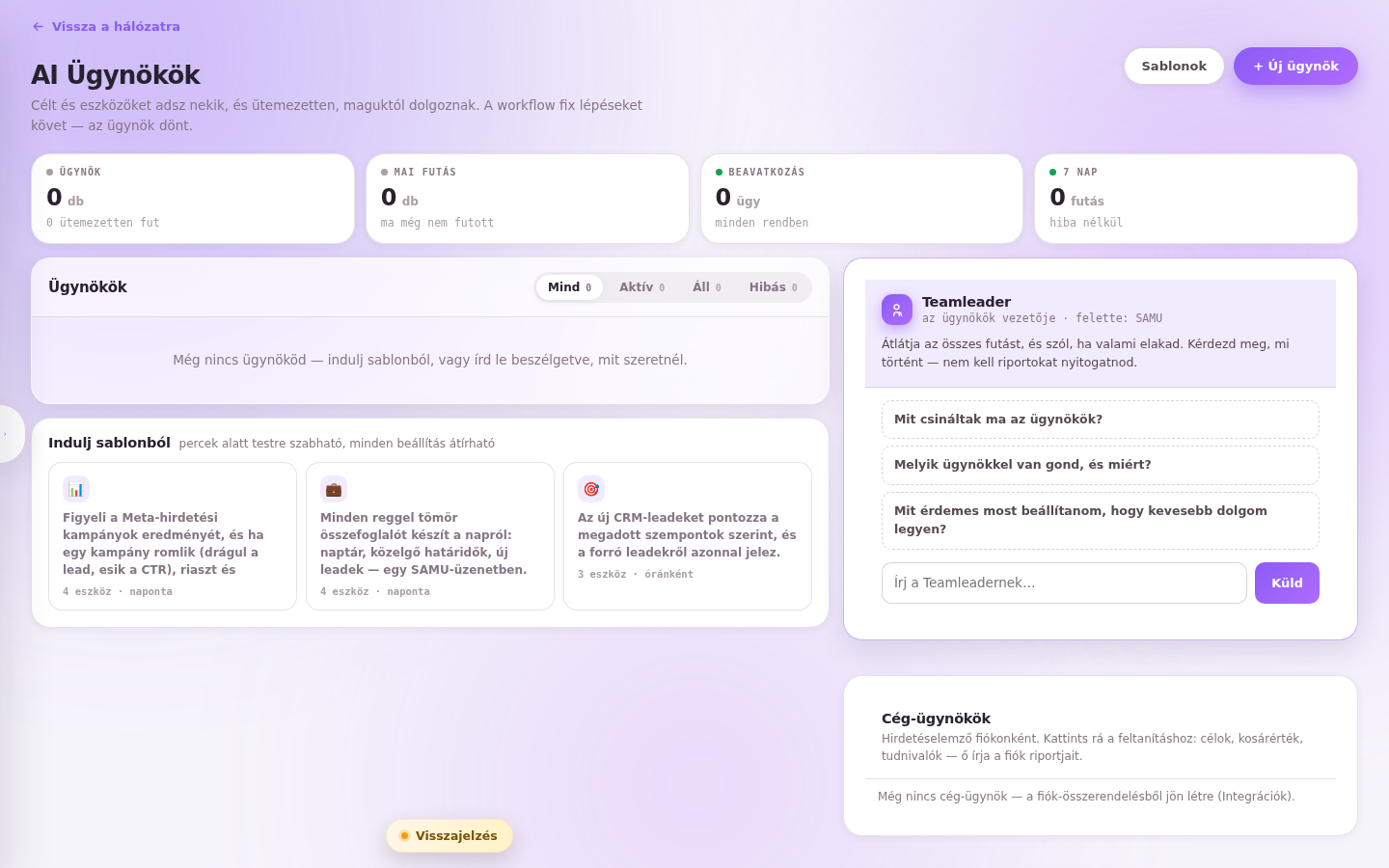 Az AI Ügynökök modul minta-adatokkal